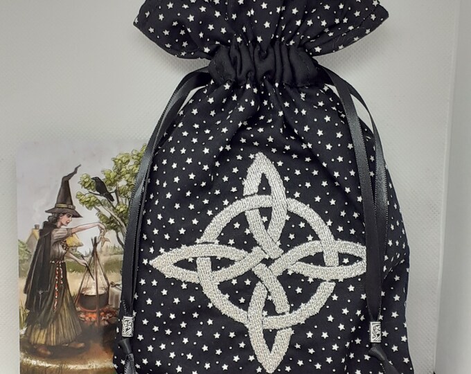 Deluxe Tarot cards pouch Bag, lined pouch, handmade -Embroidery- WITCHES KNOT -Tibetan Silver Beads- New Design