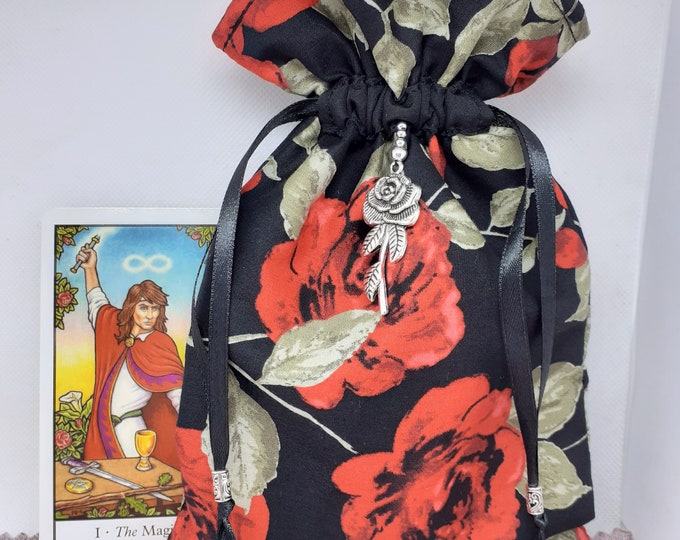 Deluxe Tarot cards pouch Bag, lined pouch, handmade -Red Rose- Charm-Beads- New Design