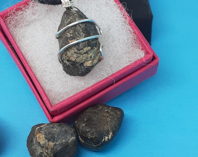 Chondrite- Meteorite- Pendant- Wire Wrapped-Black Cord-Gift for Yourself- Friend-Loved One-Gift Box