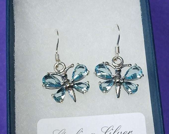 Butterfly-Earrings -Sterling Silver 925 - The "Goddess Collection" -Faceted Blue Topaz CZ- 15 mm Gift- Yourself- Friends- Family- Loved One