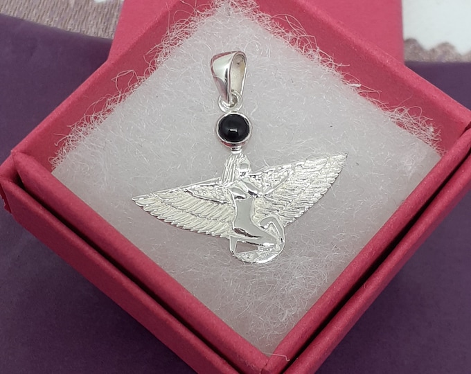 Pendant -Sterling Silver 925 Pendant Winged Isis -The "Goddess Collection" - 25 mm -Black Onyx-Strength-Self Confidence