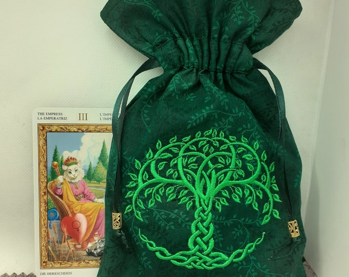 Deluxe Tarot cards pouch Bag, lined pouch, handmade -Embroidery- Tree of Life -Tibetan Silver Beads- New Design