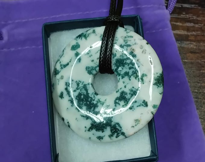 Tree Agate Donut -50 mm- Black Cotton Wax Cord -protection and strength-Good fortune-Romance