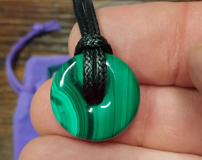 Malachite 23-25 mm Donut Pendant- Black Cord- Perfect gift for yourself- a friend or a Loved one