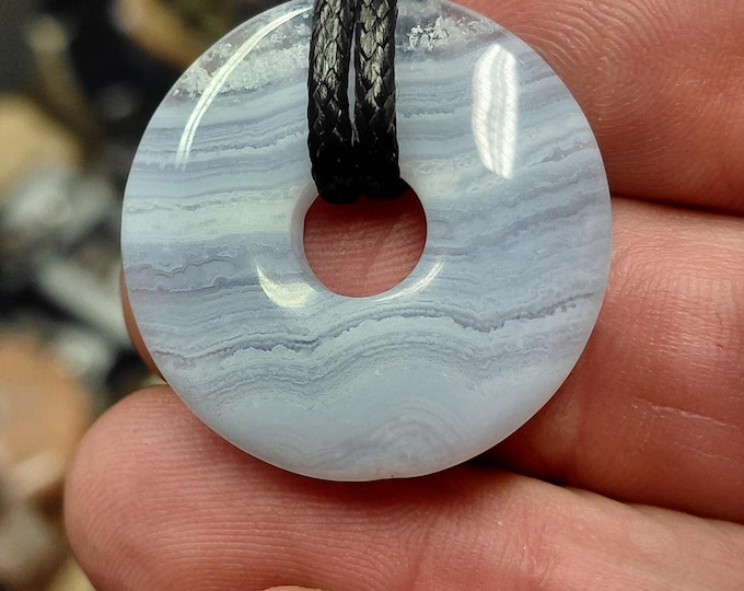 Blue Lace Agate Donut Pendant with Black Cord (30mm)
