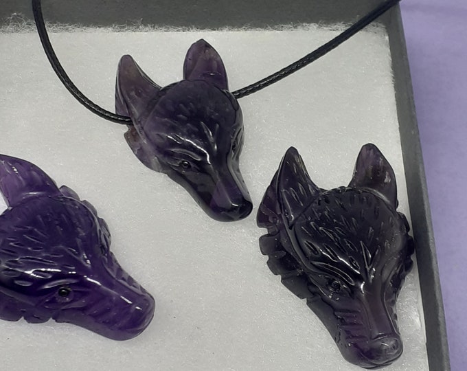 Amethyst- Wolf -Pendant- Black Cord - Gift-Yourself- Friends-Family-Loved One-Gift Box