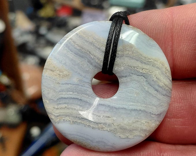 Blue Lace Agate Donut Pendant with Black Cord (40mm)