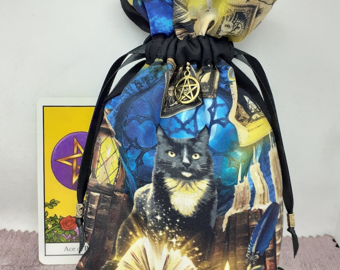 Deluxe Tarot - Oracle- cards pouch Bag, lined pouch, handmade -Cat- Pentacle -Charm- Beads- New Design