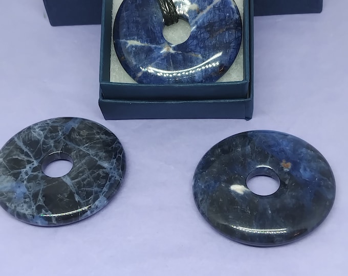 Sodalite- Donut -40 mm-  Black Cotton Wax Cord-A stone of protection -Power -Courage- NEW