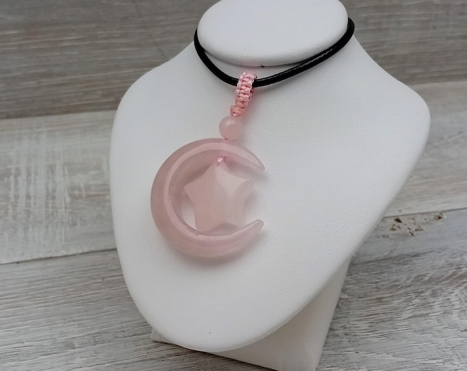 Rose Quartz Moon & Star Pendant Necklace- Cord - Gift-Yourself- Friends-Family-Loved One-Gift Box