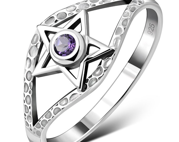 Pentagram-Amethyst Faceted-Ring Sterling Silver 925 -  New "Goddess Collection"- Multiple Sizes Available- Gift Box