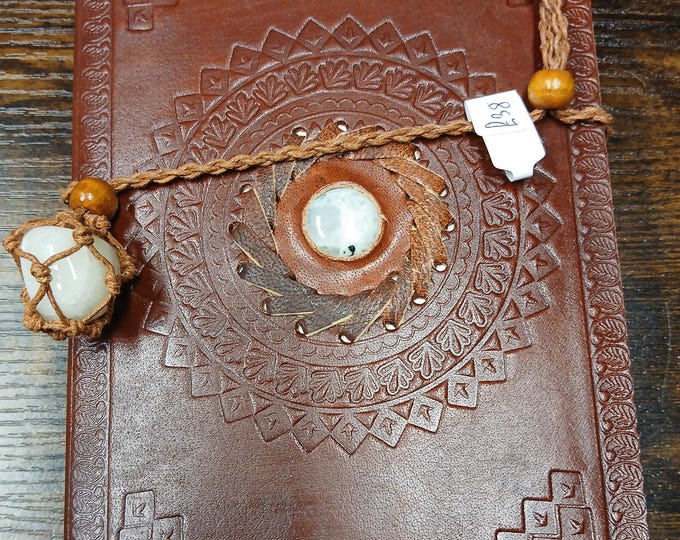 Leather-Rainbow Moonstone-Notebook-Journal- 7" x 5"-Wrapped with Rainbow Moonstone Gemstone-New- Gift-Yourself-Friends-Family-Loved One