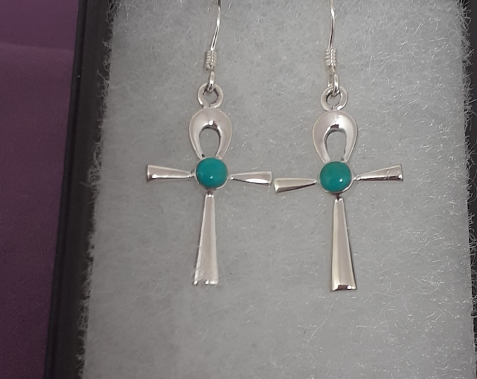 Turquoise Ankh Drop Dangle Sterling 925 Silver  Earrings  "Goddess Collection" Lovely Gift Yourself Friends Family-Loved One