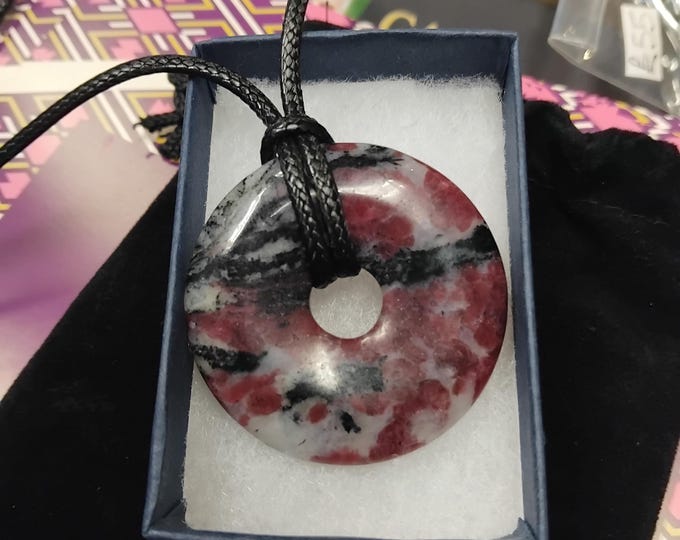 Eudialyite -Donut- 40 mm-Pendant- Black Cord - Gift-Yourself- Friends-Family-Loved One-Gift Box