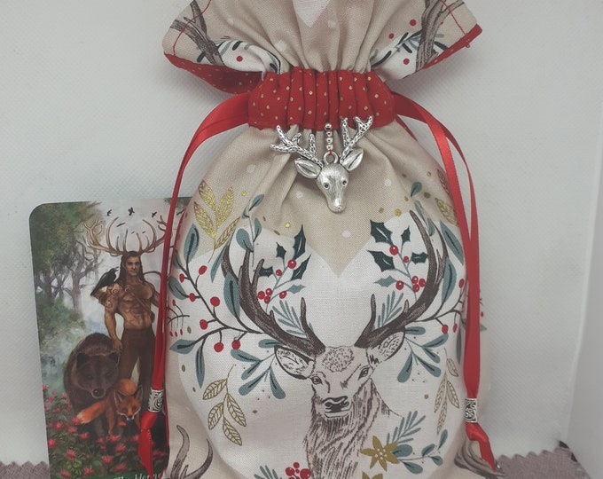 Deluxe Tarot cards pouch Bag, lined pouch, handmade Stag Charm-Tibetan Silver Beads- New Design