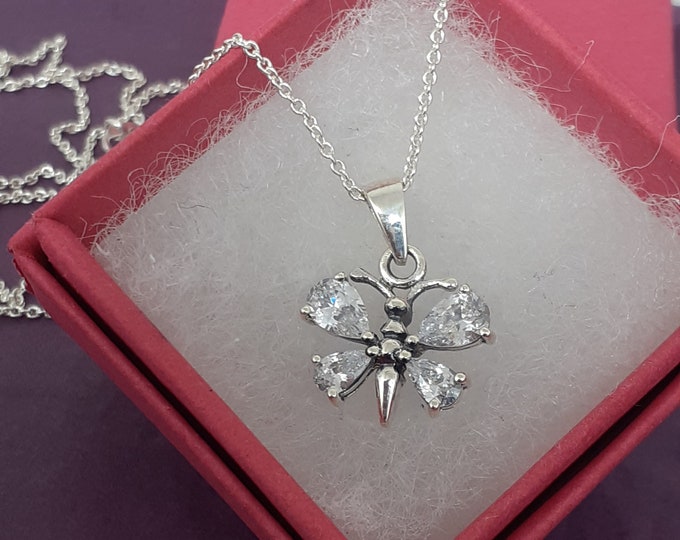Butterfly Pendant -Sterling Silver 925 - The "Goddess Collection" -Faceted Clear CZ- 15 mm Gift- Yourself- Friends- Family- Loved One