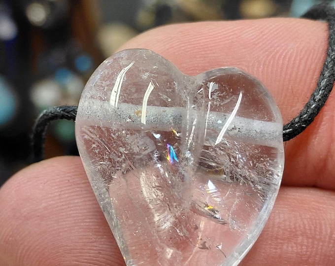 Swing heart Clear Quartz-  Pendant: 30 mm Black Cord-Gift Box