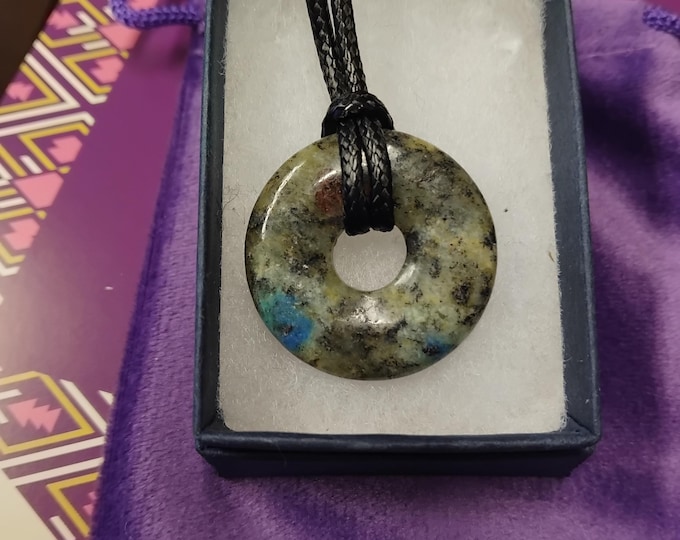 K2 -Azurite in Gneiss -Donut-30 mm-Pendant- Black Cord- Gift-Yourself- Friends-Family- Loved One- Gift Box