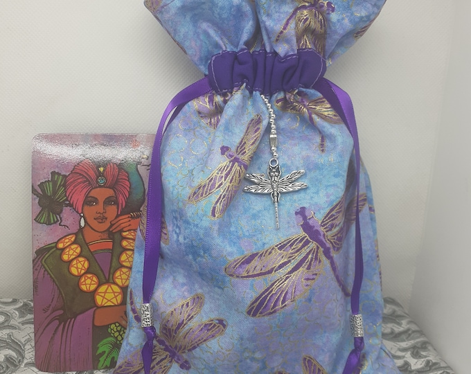 Deluxe Tarot cards pouch Bag, lined pouch, handmade -Dragonfly- Charm-Tibetan Silver Beads- New Design