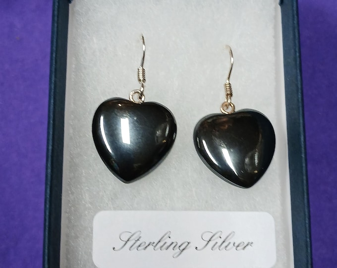 Hematite-Sterling Silver -Heart -Earrings -Drop-Dangle-Earrings -Handmade-Silver 925 Hooks-Gift Box