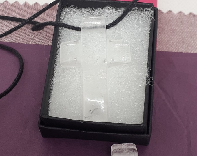 Cross Bevelled- Clear Quartz- "A" Grade -Pendant- Black Cord- Gift-Yourself- Friends-Family- Loved One- Gift Box