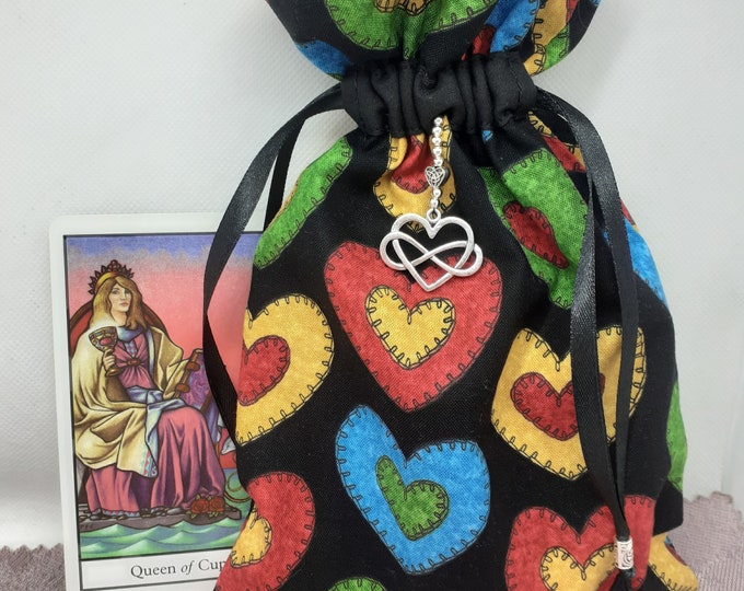 Deluxe Tarot cards pouch Bag, lined pouch, handmade -HEARTS- Charm-Tibetan Silver Beads- New Design