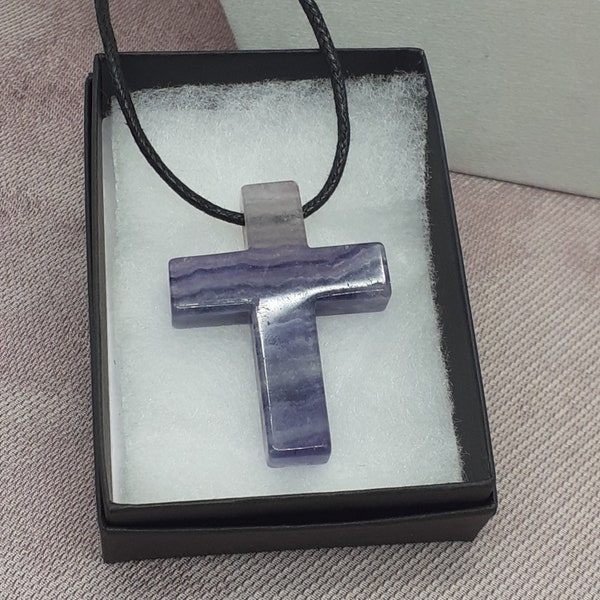 Fluorite-Cross 41 mm long x 31 mm wide x 8 mm thick  -Pendant-  Black Cord- Gift Box- Gift Yourself- Friend- Family -Loved One