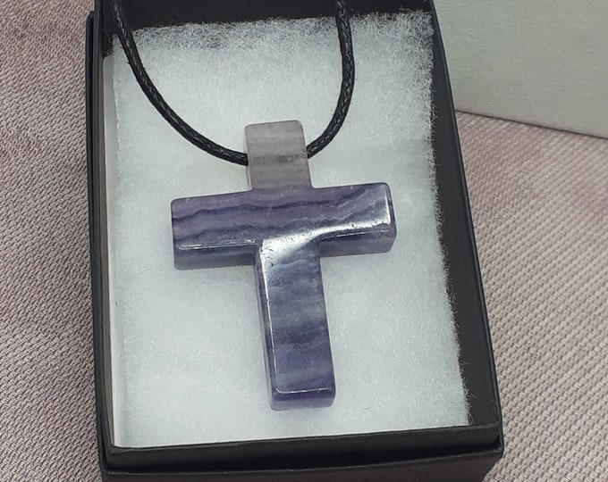 Fluorite-Cross 41 mm long x 31 mm wide x 8 mm thick  -Pendant-  Black Cord- Gift Box- Gift Yourself- Friend- Family -Loved One