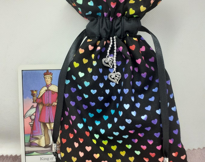 Deluxe Tarot cards pouch Bag, lined pouch, handmade -HEARTS- Charm-Tibetan Silver Beads- New Design
