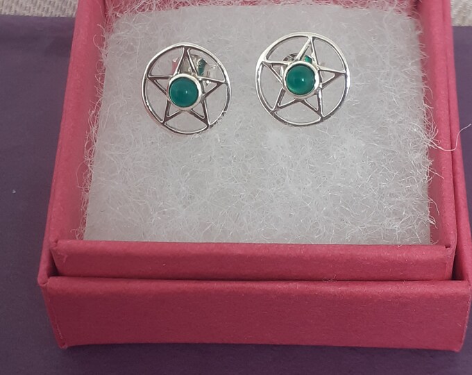 Green Onyx Earrings Sterling Silver 925 Stud Earrings The "Goddess Collection" Pentagram 10 mm-Gift Box