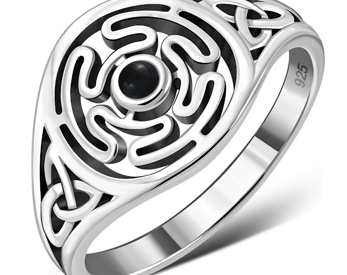 Hecates Wheel- Celtic Knot -Black Obsidian-Ring- Sterling Silver 925 - New "Goddess Collection"- Multiple Sizes Available- Gift Box