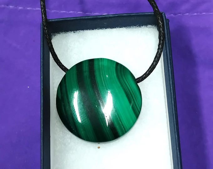 Malachite Round Pendant-30 mm- Black Cord -Gift-Yourself- Friends-Family-Loved One