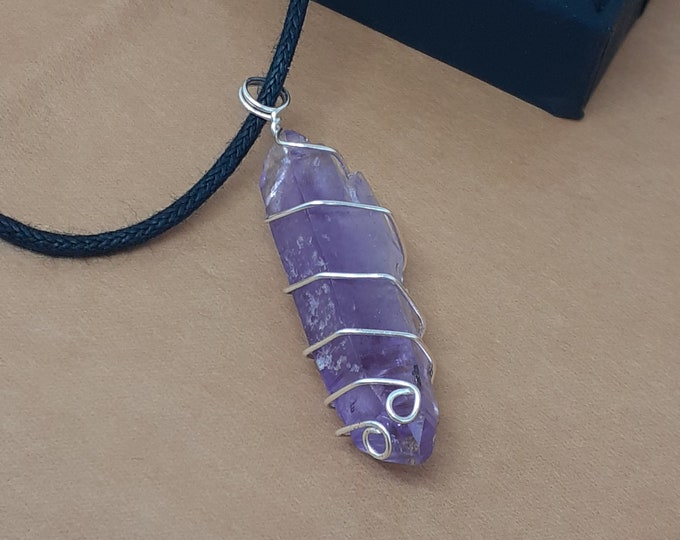 Vera Cruz Amethyst Pendant- Wire Wrapped-Black Cord-Gift for Yourself- Friend-Loved One-Gift Box