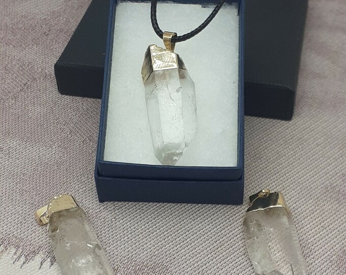 Clear Quartz- Gold Plated- Black Cord -Gift-Yourself- Friends-Family-Loved One-Gift Box