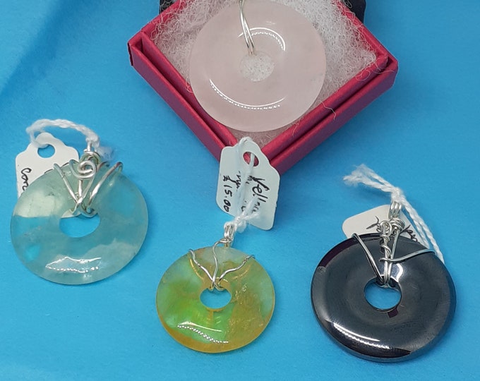 Gemstone Donuts-  Wire Wrapped-Black Cord-Gift-Yourself-Friends-Family-Loved One- NEW- Gift Box