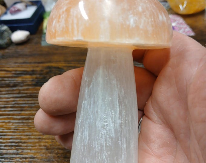 Selenite-Mushroom-White with Peach cap- 10 cm Tall-Gift-Yourself-Friends-Family-Loved One