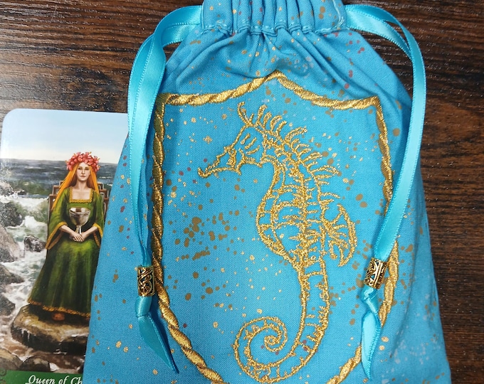 Deluxe Tarot cards pouch Bag, lined pouch, handmade -Embroidery- SEAHORSE-Tibetan Beads- New Design