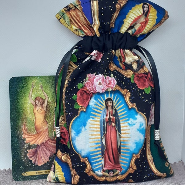 Tarot Deluxe - Oracle- pochette de cartes, Notre-Dame de Guadalope-Mère Marie- pochette doublée, faite à la main - Perles - Nouveau design