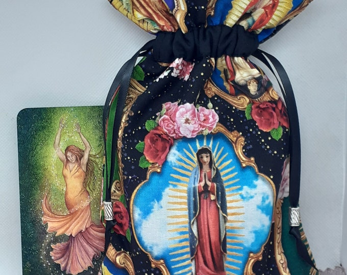 Deluxe Tarot - Oracle- cards pouch Bag,Our Lady of Guadalope-Mother Mary- lined pouch, handmade - Beads- New Design
