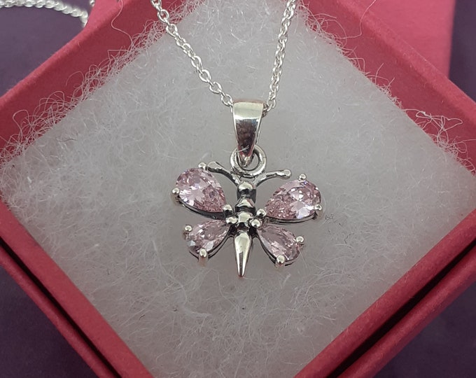 Butterfly Pendant -Sterling Silver 925 - The "Goddess Collection" -Faceted Pink CZ- 15 mm Gift- Yourself- Friends- Family- Loved One