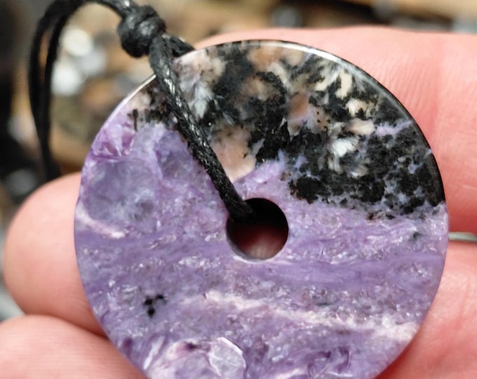 Charoite-Pendant-3.5 cm- Black Cord- Gift Box- Gift-Yourself- Friends-Family-Loved One