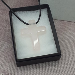 Rose Quartz Cross Pendant: Black Cord Necklace, Gift Box