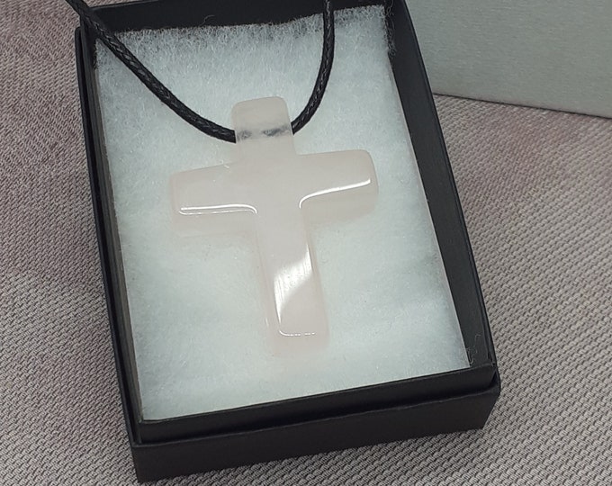 Rose Quartz-Cross 41 mm long x 31 mm wide x 8 mm thick  -Pendant-  Black Cord- Gift Box- Gift Yourself- Friend- Family -Loved One