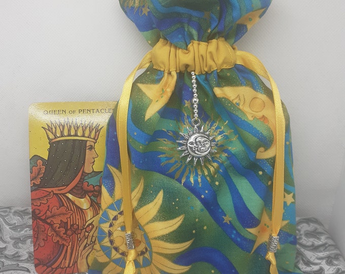 Deluxe Tarot cards pouch Bag, lined pouch, handmade -Sun-Moon-Stars- Charm-Tibetan Silver Beads- New Design