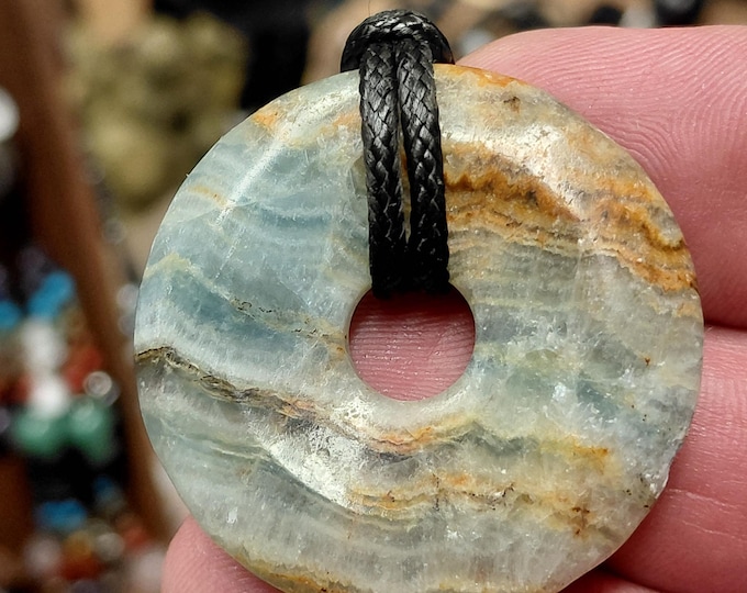 Aragonite- Blue-40 mm Donut Pendant with Black Cord