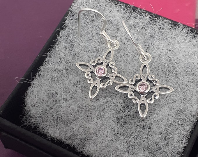 Witches Knot -Earrings Sterling Silver 925 -Pink CZ-Small- New "Goddess Collection"- Lovely Gift- Back in Stock
