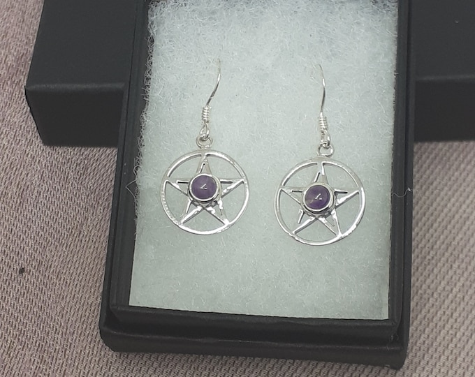 Amethyst -Dangle-Drop -Pentacle Earrings Sterling Silver 925 - New "Goddess Collection"- Lovely Gift- NEW