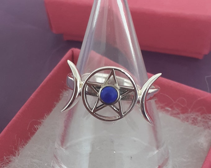 Ring Sterling Silver 925 - Lapis Lazuli Triple Moon- Pentagram - New "Goddess Collection"- Multiple Sizes Available- Gift Box