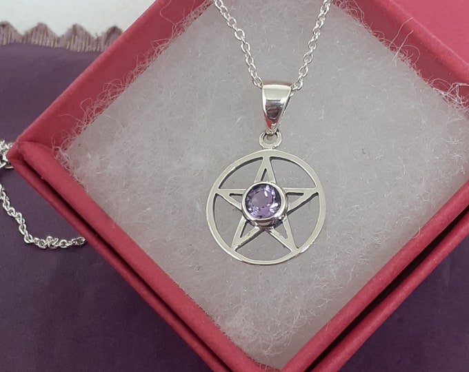 Amethyst- Faceted -Pendant Sterling Silver 925 Small Pendant Pentagram "Goddess Collection"  14 mm- Gift Box