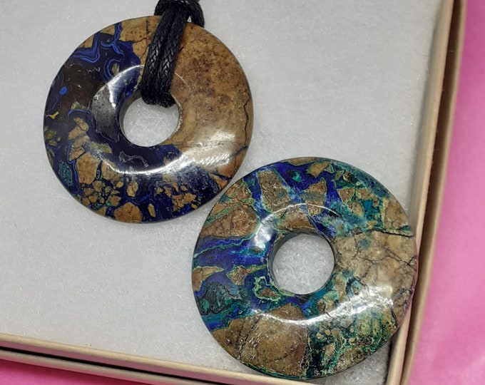 Azurite Malachite A Grade- Donut Pendant- Black Cord- Perfect gift for yourself- a friend or a Loved one